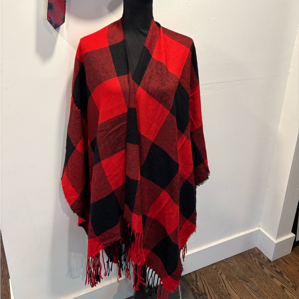 Avenue Zoe Red and Black Plaid Poncho Wrap